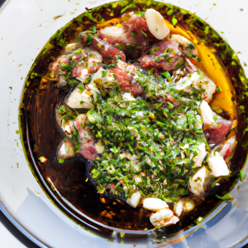 A bowl of steak marinade with olive oil, garlic, and herbs